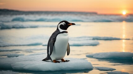 A penguin is standing on a piece of ice at sunset. Generative AI.