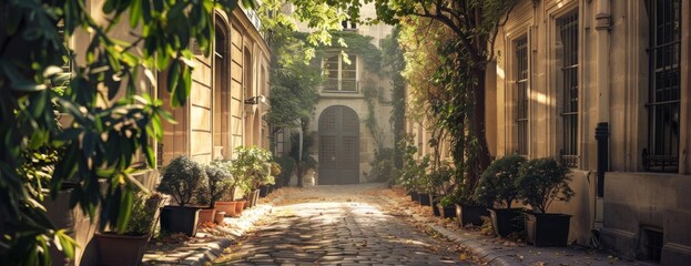 Soft, dappled sunlight through Parisian leaves on a secluded courtyard, peaceful, copy space