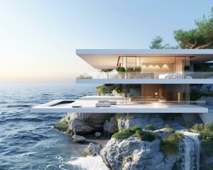 Fototapeta premium A modern house on a cliff overlooking the ocean. Generative AI.