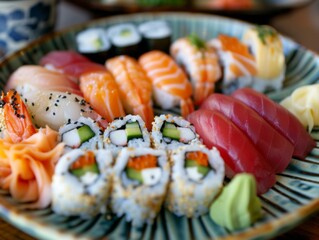 A plate of sushi with various types of sushi on it. Generative AI.