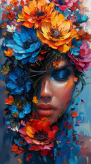 Artwork of a woman with striking blue makeup and a stunning floral headdress featuring bright flowers; a blend of beauty and nature