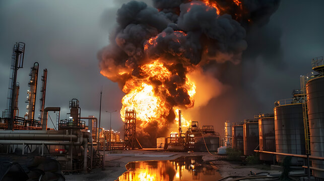 Major fire at an industrial oil refinery. Powerful explosion with black smoke cloud.