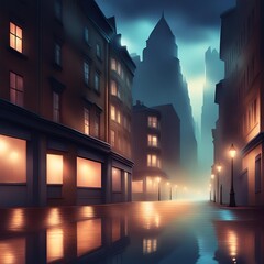  Street in an urban center seen from the ground with dim lighting and puddles of water - 1 - obrazy, fototapety, plakaty