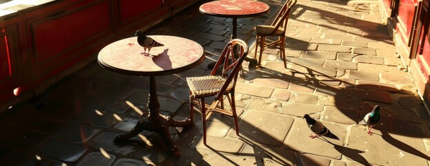 Fototapeta na wymiar Whimsical shadows of Parisian life, pigeons and cafe tables, on sunny sidewalks, copy space