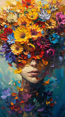 In this painting, a woman's visage is concealed behind a burst of colorful flowers symbolizing mystery and allure