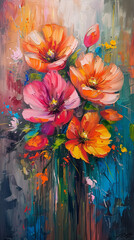 Vibrant oil painting showcasing vivid-colored blooms with thick, expressive brushstrokes, capturing the beauty of nature