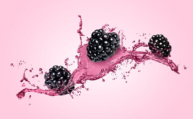 Fresh blackberries and juice in air on pink background