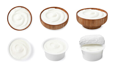 Fresh yogurt isolated on white, side and top views. Collage