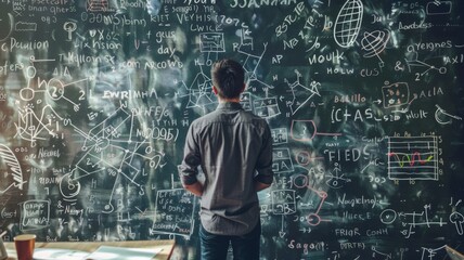 Student pondering over complex equations - A young student contemplating complex mathematical and scientific equations written on a chalkboard