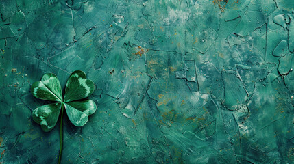 four leaf clover  bottom right over green paint background. St Patrick's Day shamrock.