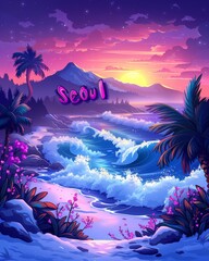 Surreal Sunset in Seoul with Vibrant Neon Sign Overlooking Waves, Palms, and Mountaintop in a Fantasy Illustration