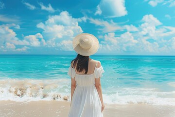 Fototapeta na wymiar Back view young happiness asian traveller woman in white dress and hat standing on beautiful sandy beach. Cute girl enjoy her tropical sea on relax holiday vacation during summer time and sunshine day