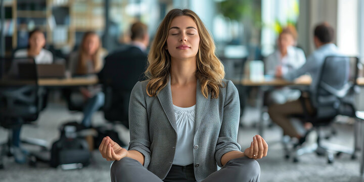 a businesswoman meditating in the office, business life and stress