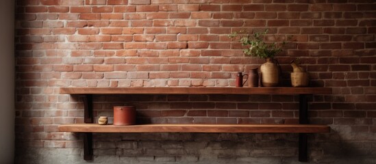 Red Wood Shelves Table against brick wall