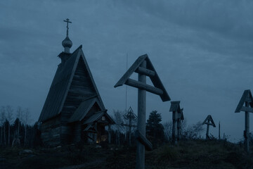Ples town at Ivanovo region in Russia in the dusk. Wooden church on Levitan mountain - 756853789