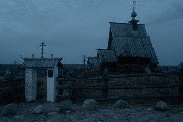 Ples town at Ivanovo region in Russia in the dusk. Wooden church on Levitan mountain - 756853794