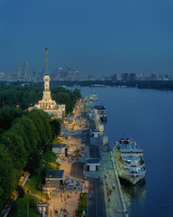 North River Terminal (Severny Rechnoy Vokzal) in Moscow, Russia illuminated at dusk. Aerial view
