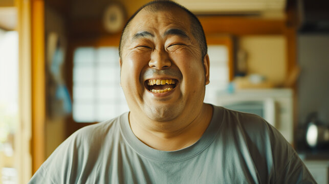 幸せそうな笑顔の太った坊主頭の中年男性