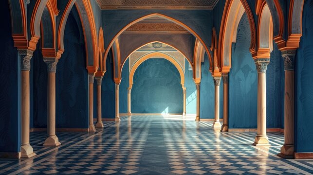 dark blue arch Inside the Arabian Palace, free space, in photographic style