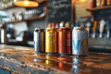 Four of craft beer cans on a bar table. When you see it, it's very drinkable. - obrazy, fototapety, plakaty