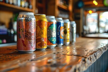 Four of craft beer cans on a bar table. When you see it, it's very drinkable. - obrazy, fototapety, plakaty