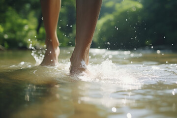 足, 足元, 裸足, 素足, 水, 水に浸った足, Foot, feet, barefoot, water, submerged foot - obrazy, fototapety, plakaty