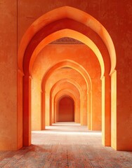 orange arches, interior of an arabian palace, empty space, in the style of photography