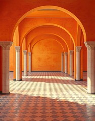 orange arches, interior of an arabian palace, empty space, in the style of photography