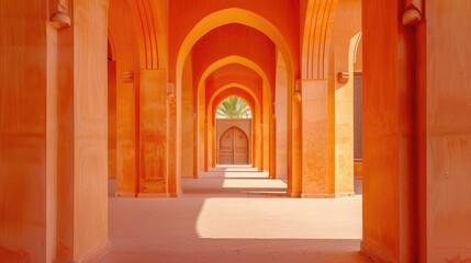 orange arches, interior of an arabian palace, empty space, in the style of photography