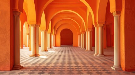 Obraz premium orange arches, interior of an arabian palace, empty space, in the style of photography