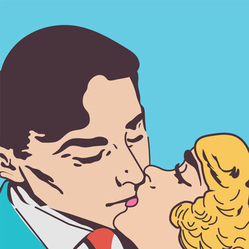 El arte pop el hombre besa a la mujer con fondo azul ilustración pareja besándose