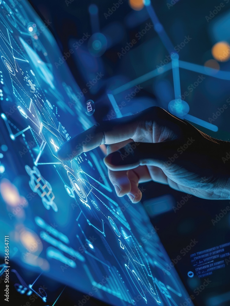 Poster finger pointing at a high-tech digital display - an evocative scenario of a finger pointing at an in