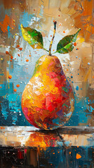 This striking image features a pear with a spectrum of vibrant colors against an abstract, textured background