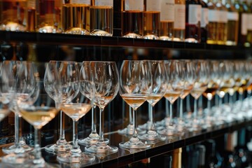 Rows of wine glasses growing together are visible on the boundary of rows of alcohol bottles.