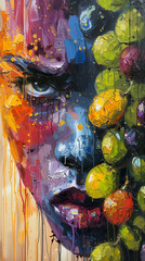 This dramatic artwork fuses the human form with organic fruit elements using bold colors and abstraction