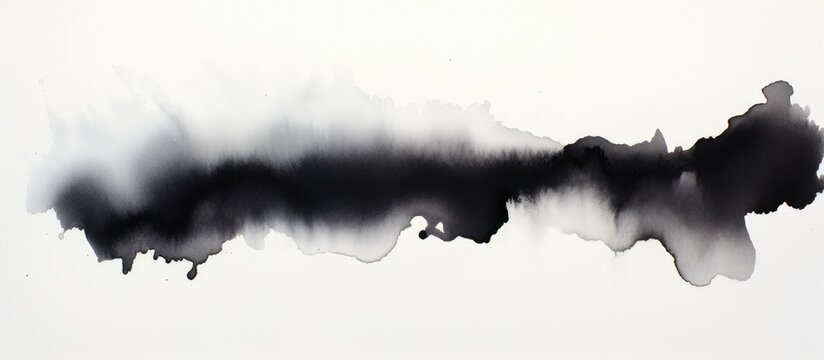 A black ink stain on a white background resembles a monochrome landscape painting with intricate details and dramatic slopes, creating a captivating piece of art