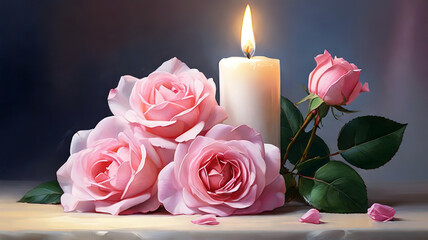 Beautiful pink roses with candle on wooden table on a gray background