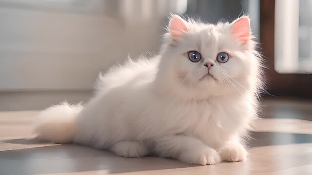 A fluffy white Persian kitten with stunning blue eyes sits adorably, showcasing its beautiful fur in an isolated portrait