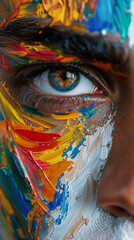 This macro photo showcases a brightly colored eye in an artwork, highlighting the dynamic and vibrant paint strokes