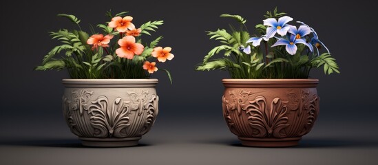 Two flowering plants in decorative flowerpots are placed side by side on a table, creating a beautiful display of nature inside the house