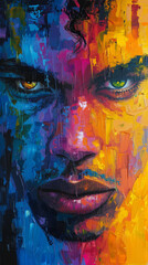 A close-up portrait blending abstract art with human features, using bold color blocks to form a powerful and emotive image