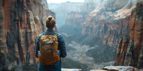 A woman facing a canyon in the wilderness symbolizing personal growth. Concept Nature, Self-Discovery, Wilderness, Reflection, Symbolism
