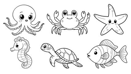 Drawing simple lines cute set sea animals coloring book pages. cartoons for preschool children