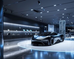 A sleek autonomous electric car showroom with designs that blend aesthetics and sustainability