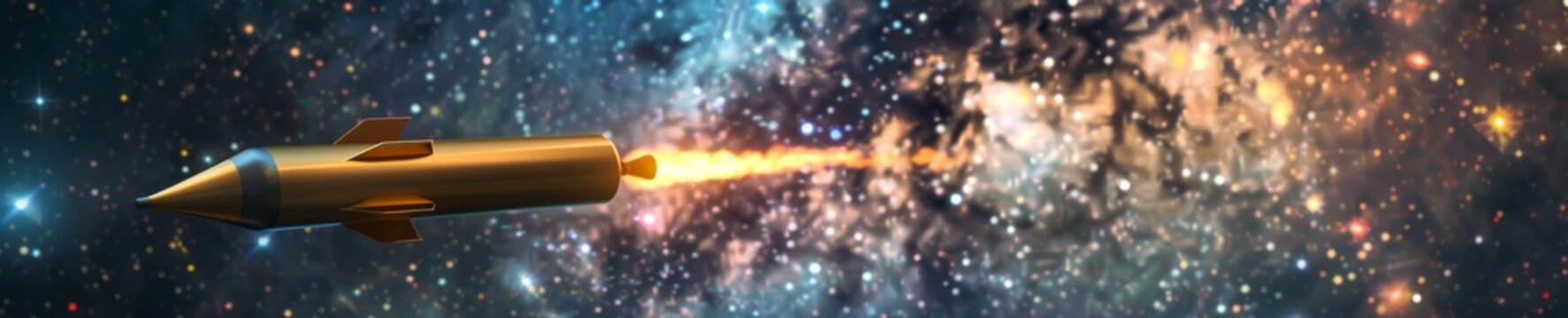3D model of a golden rocket launching to the moon against a backdrop of glittering stars and galaxies