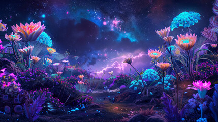 A cosmic garden with neon flora and fauna.