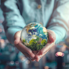 Fototapeta premium Sustainable world concept with a globe in hands surrounded by greenery.