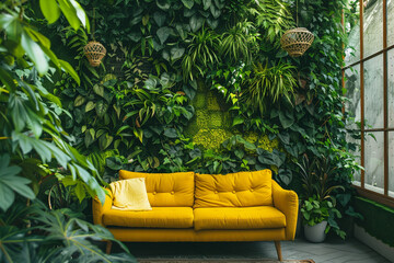 Lush indoor greenery with bohemian sofa.