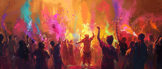 An almost surreal depiction of the Holi festival, rich in colors and joyous atmosphere