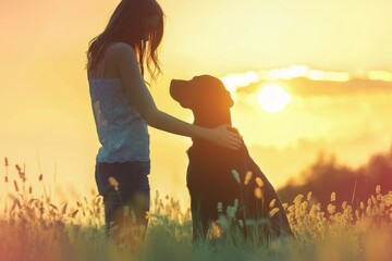 Adorable moment between a happy dog and a loving owner, Love and friendship - obrazy, fototapety, plakaty